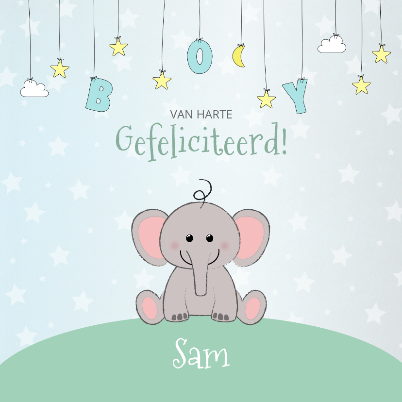 Felicitatiekaarten - Felicitatie geboorte met een schattig olifantje en sterren