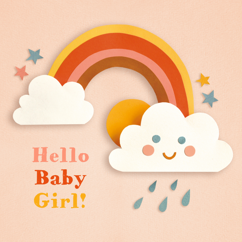 Felicitatiekaarten - Felicitatie geboorte met regenboog en wolkje roze