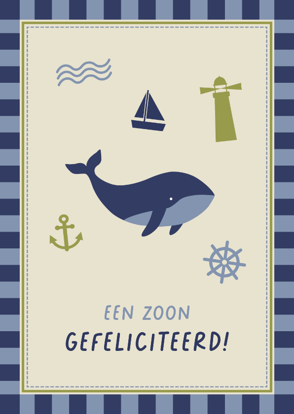 Felicitatiekaarten - Felicitatie geboorte met walvis, vuurtoren en kader