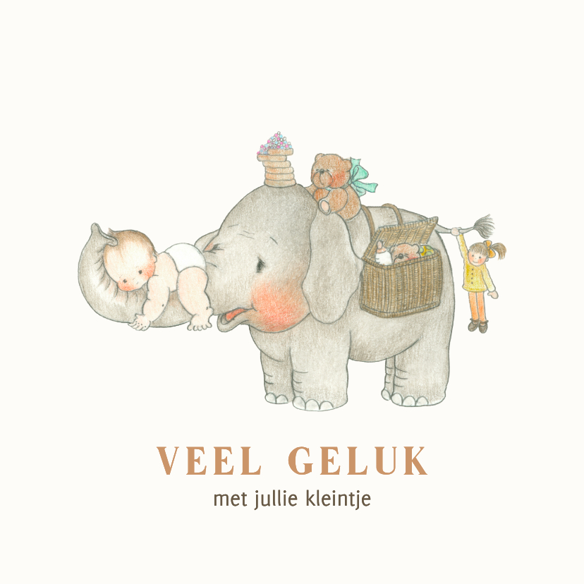 Felicitatie geboorte olifant met baby op de slurf - Felicitatiekaarten Felicitatiekaarten - Felicitatie geboorte olifant met baby op de slurf