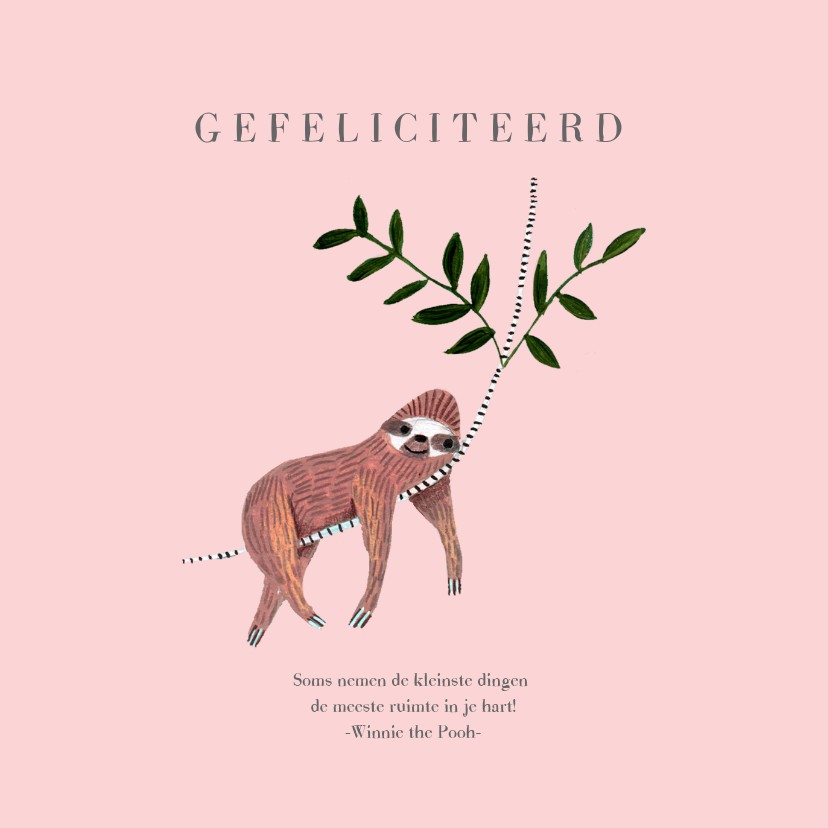 Felicitatiekaarten - Felicitatie geboren meisje dieren jungle luiaard