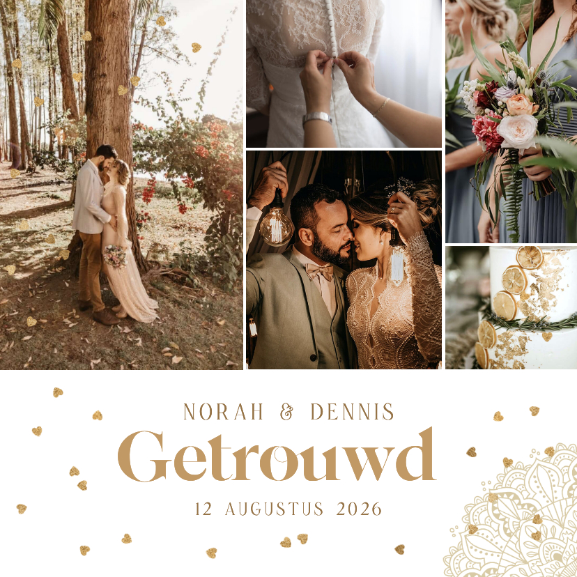 Felicitatiekaarten - Felicitatie getrouwd fotocollage mandala hartjes
