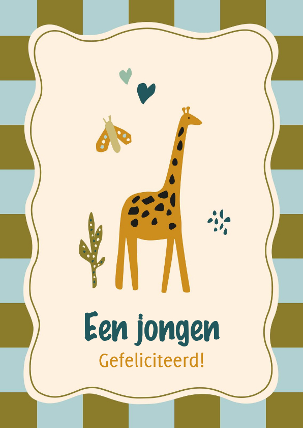Felicitatie giraf met vlinder met kader en blokjes - Felicitatiekaarten Felicitatiekaarten - Felicitatie giraf met vlinder met kader en blokjes
