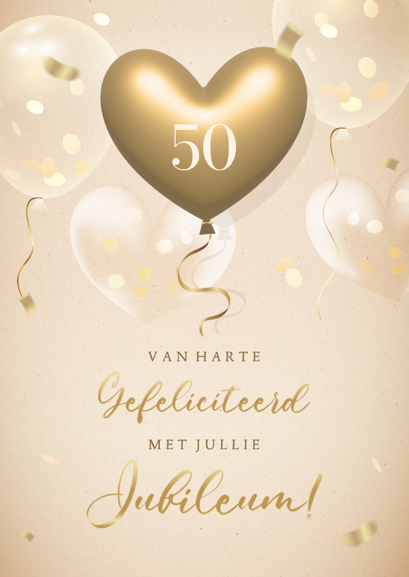 Felicitatie huwelijksjubileum met gouden 3d hartjes ballon - Felicitatiekaarten Felicitatiekaarten - Felicitatie huwelijksjubileum met gouden 3d hartjes ballon