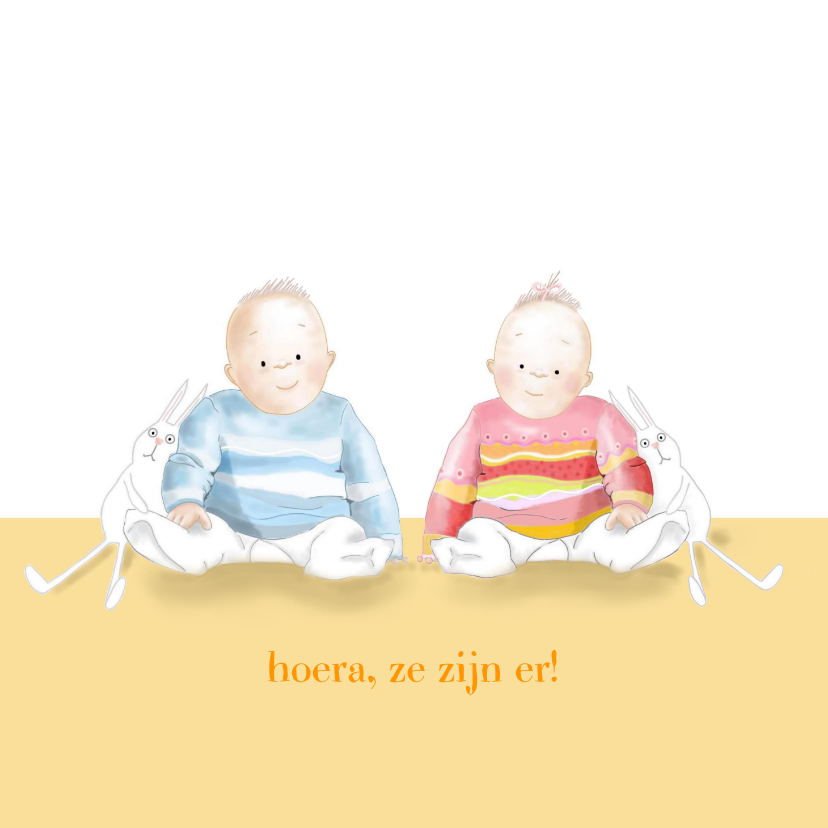 Felicitatie - jongen en meisje tweeling met konijntjes - Felicitatiekaarten Felicitatiekaarten - Felicitatie - jongen en meisje tweeling met konijntjes