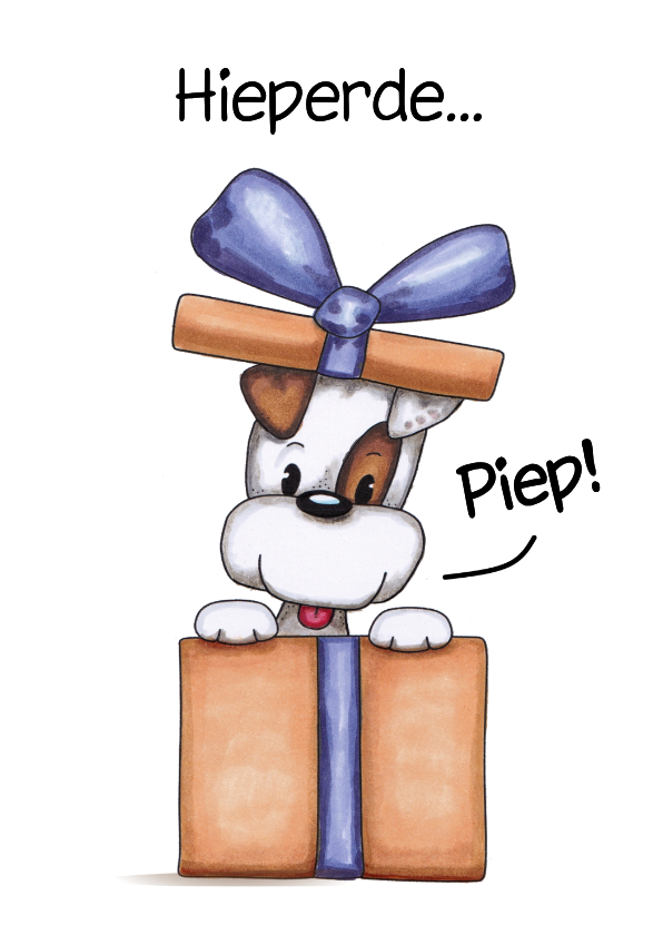 Felicitatiekaarten - Felicitatie kaart hond piept uit cadeau
