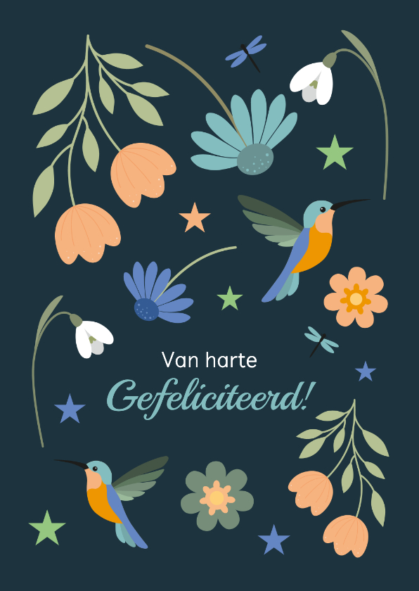 Felicitatiekaarten - Felicitatie kaartje met bloemen en vogels