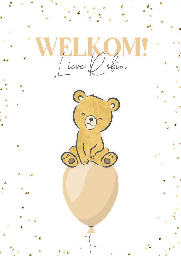 Felicitatiekaarten - Felicitatie lief goudkleurig beertje op ballon en confetti