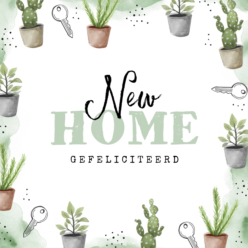 Felicitatie nieuwe woning planten sleutels waterverf groen - Felicitatiekaarten Felicitatiekaarten - Felicitatie nieuwe woning planten sleutels waterverf groen