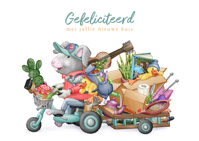 Felicitatie nieuwe woning vrolijk konijn op fiets dozen - Felicitatiekaarten Felicitatiekaarten - Felicitatie nieuwe woning vrolijk konijn op fiets dozen