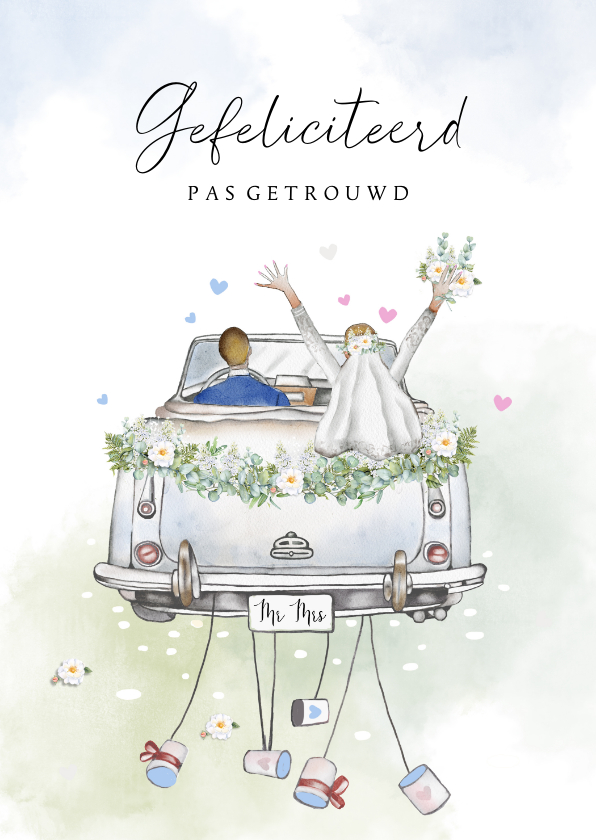 Felicitatiekaarten - Felicitatie pas getrouwd leuke oude trouwauto