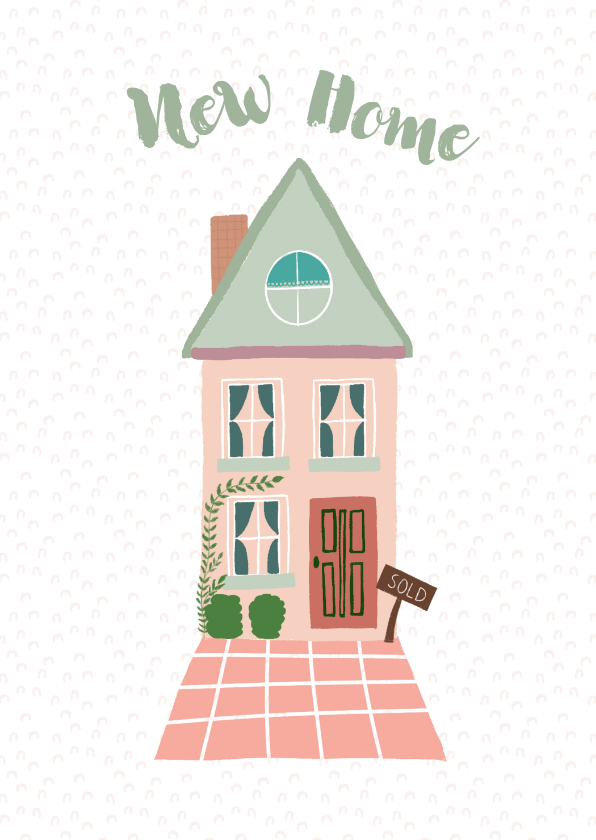 Felicitatie roze huis met groen dak - Felicitatiekaarten Felicitatiekaarten - Felicitatie roze huis met groen dak