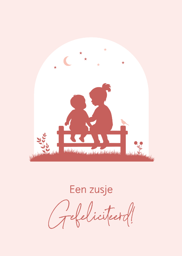 Felicitatie silhouet baby en grote zus op hekje - Felicitatiekaarten Felicitatiekaarten - Felicitatie silhouet baby en grote zus op hekje