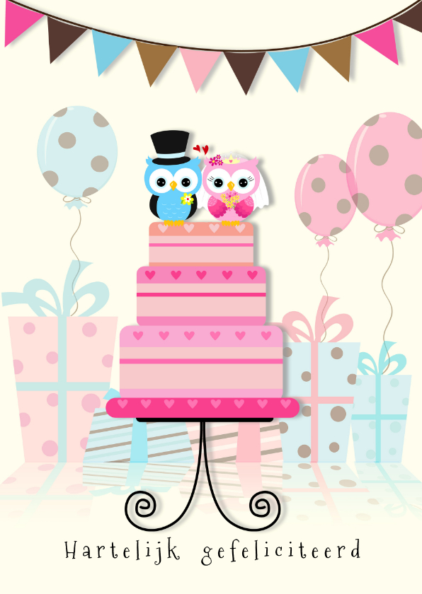 Felicitatie uilen op taart - Felicitatiekaarten Felicitatiekaarten - Felicitatie uilen op taart