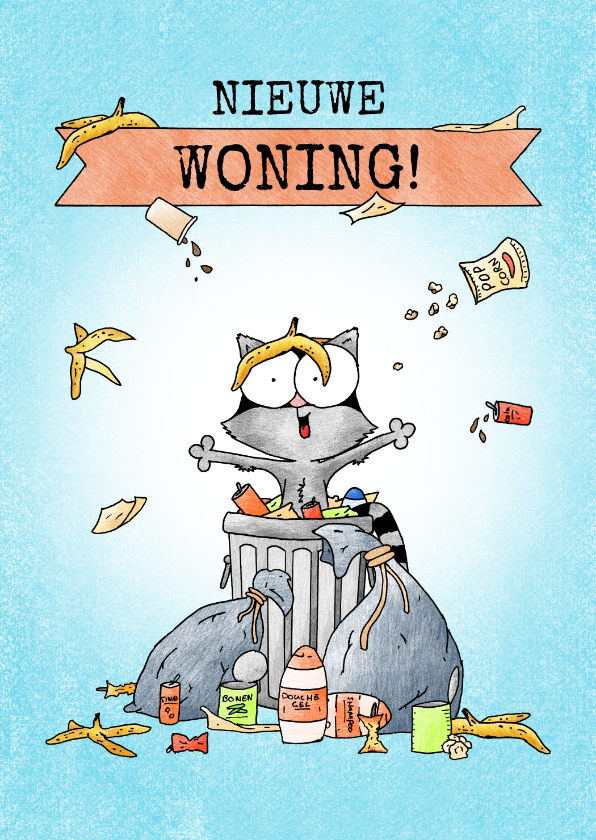 Felicitatiekaarten - Felicitatie voor nieuwe woning met wasbeer in vuilnisbak