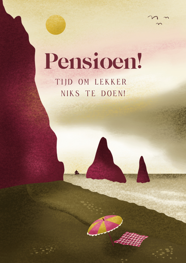 Felicitatiekaarten - Felicitatie voor pensioen met strand, parasol en gedichtje