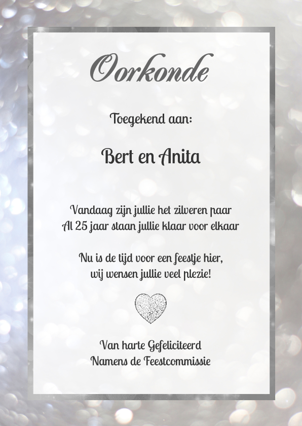 Felicitatie Zilveren Oorkonde - Felicitatiekaarten Felicitatiekaarten - Felicitatie Zilveren Oorkonde