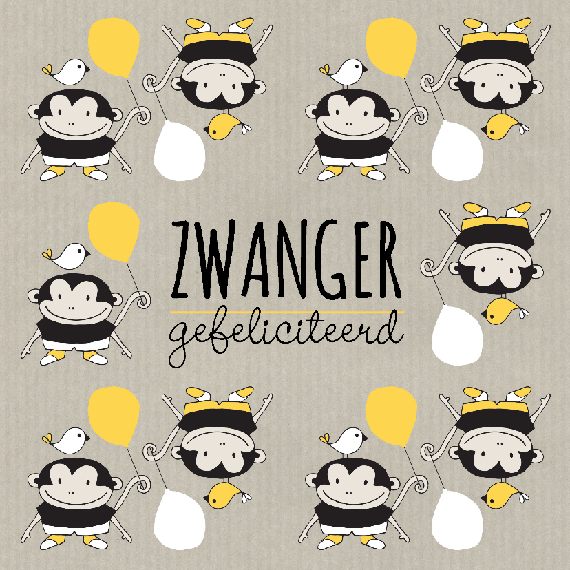 Felicitatie zwanger aapje met ballon geel & Kraft - MW - Felicitatiekaarten Felicitatiekaarten - Felicitatie zwanger aapje met ballon geel & Kraft - MW