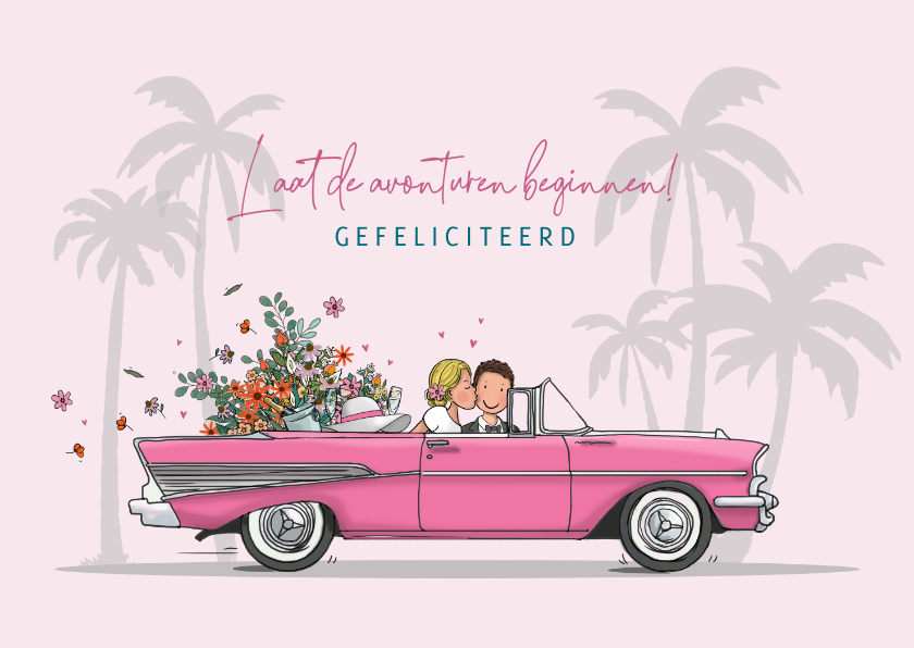 Felicitatiekaart amerikaanse auto met bruidspaar - Felicitatiekaarten Felicitatiekaarten - Felicitatiekaart amerikaanse auto met bruidspaar