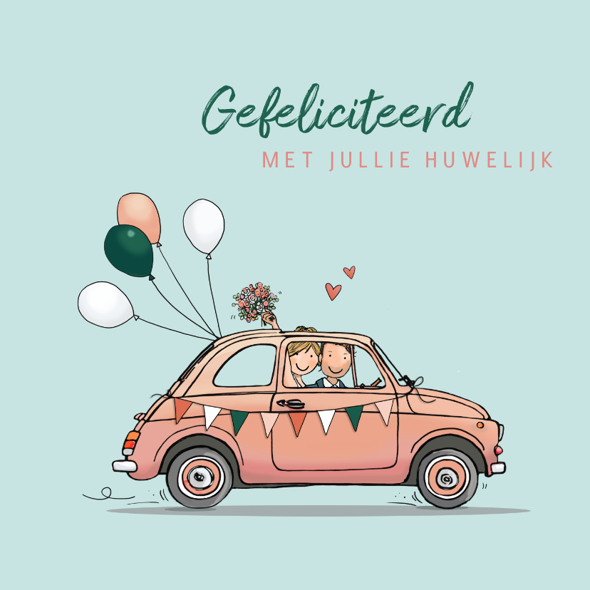 Felicitatiekaart auto met bruidspaar - Felicitatiekaarten Felicitatiekaarten - Felicitatiekaart auto met bruidspaar