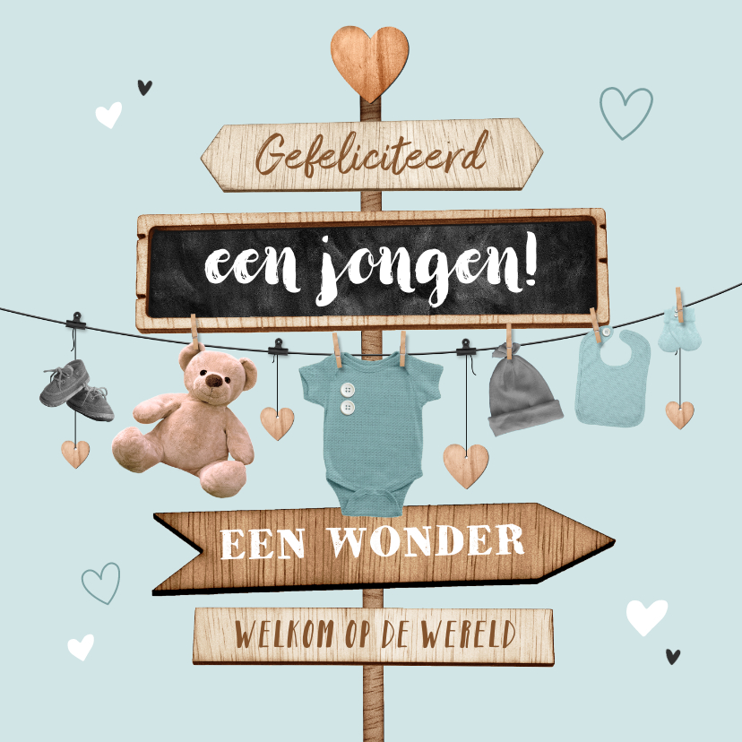 Felicitatiekaarten - Felicitatiekaart baby geboorte jongen babyspul wegwijzers