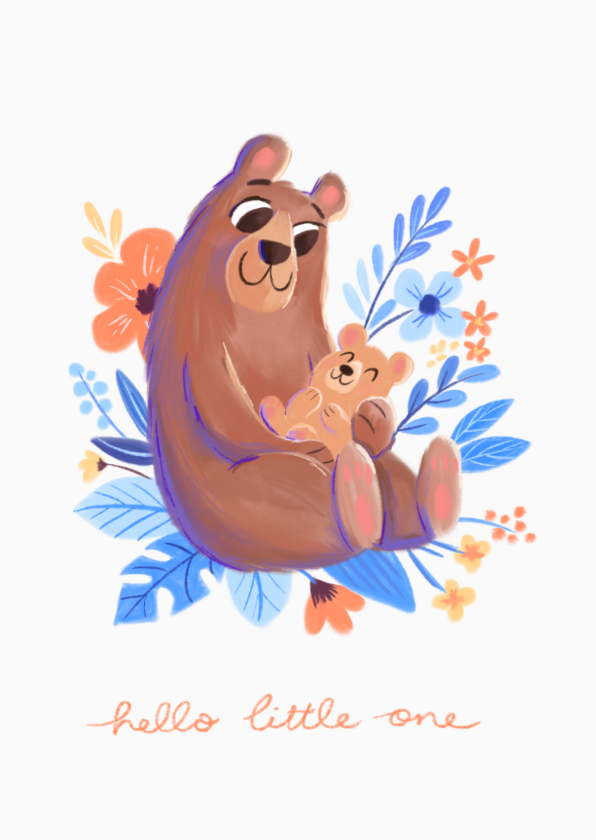 Felicitatiekaart beer met klein beertje hello little one - Felicitatiekaarten Felicitatiekaarten - Felicitatiekaart beer met klein beertje hello little one