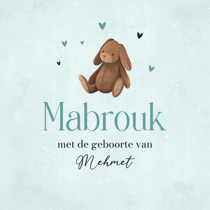 Felicitatiekaarten - Felicitatiekaart blauw geboorte islamitisch jongen konijn