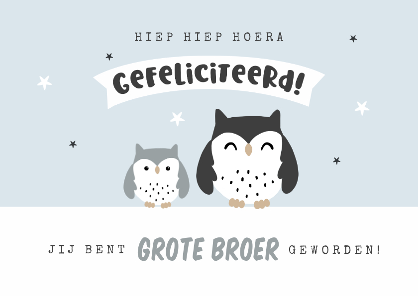 Felicitatiekaarten - Felicitatiekaart broertje broer uiltjes geboorte baby jongen