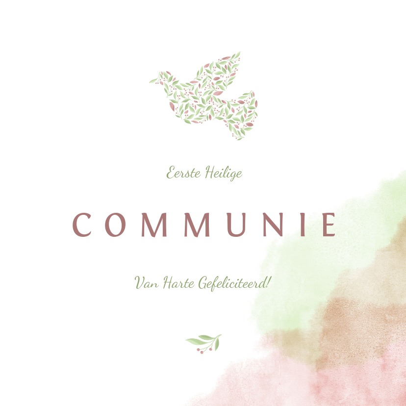 Felicitatiekaarten - felicitatiekaart communie met duif van bloemen en waterverf