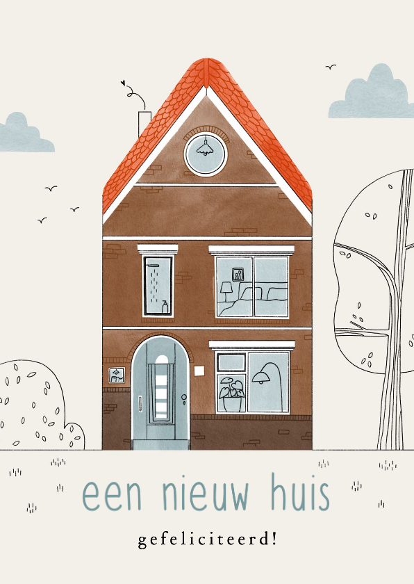 Felicitatiekaart een nieuw huis illustratie jaren 30 woning - Felicitatiekaarten Felicitatiekaarten - Felicitatiekaart een nieuw huis illustratie jaren 30 woning