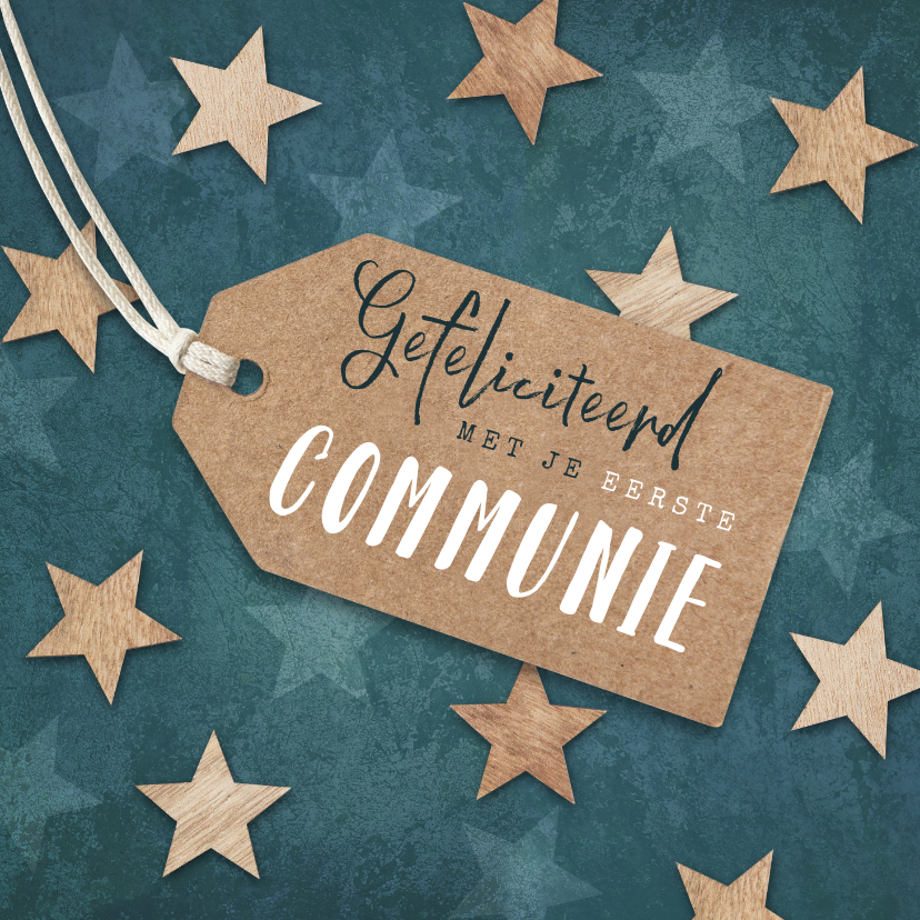 Felicitatiekaarten - Felicitatiekaart eerste communie label houten sterren blauw