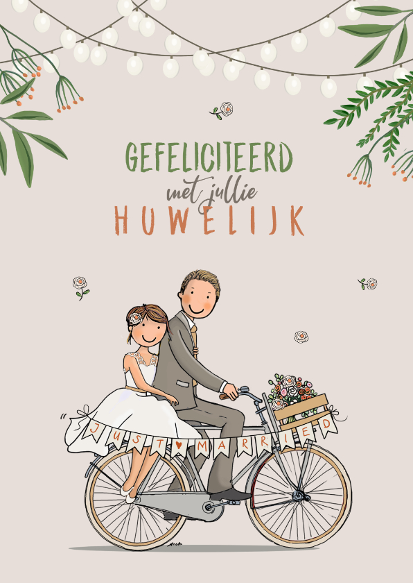 Felicitatiekaart fiets met bruidspaar - Felicitatiekaarten Felicitatiekaarten - Felicitatiekaart fiets met bruidspaar