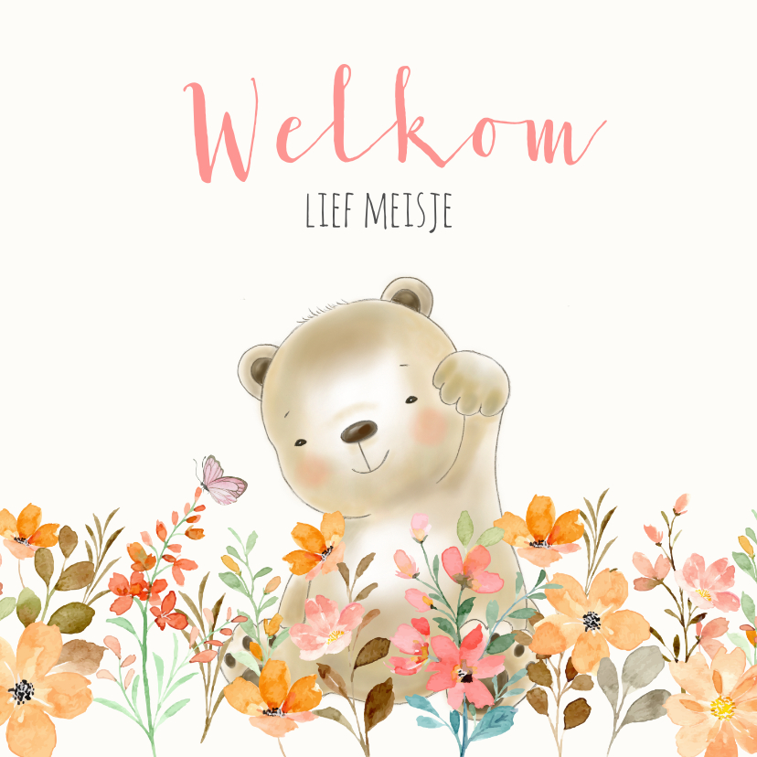 Felicitatiekaarten - Felicitatiekaart geboorte beer en bloemetjes