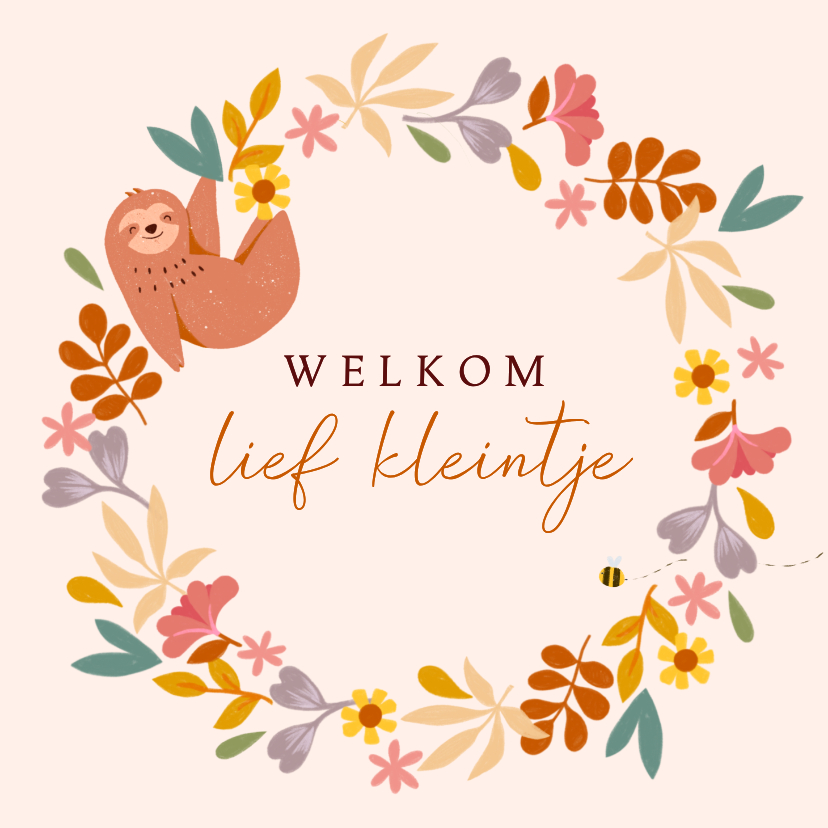 Felicitatiekaart geboorte bloemen luiaard - Felicitatiekaarten Felicitatiekaarten - Felicitatiekaart geboorte bloemen luiaard