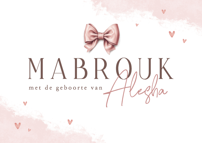 Felicitatiekaarten - Felicitatiekaart geboorte Islamitisch meisje waterverf strik