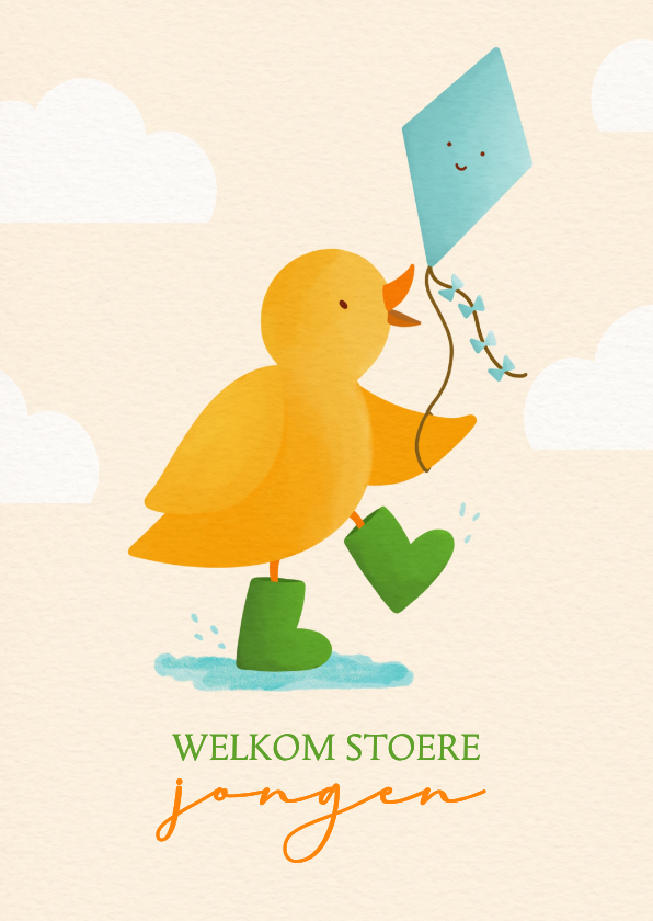 Felicitatiekaarten - Felicitatiekaart geboorte jongen kuiken met vlieger