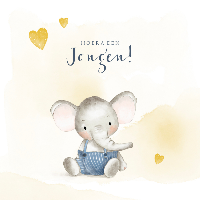 Felicitatiekaarten - Felicitatiekaart geboorte jongen met olifantje en hartjes