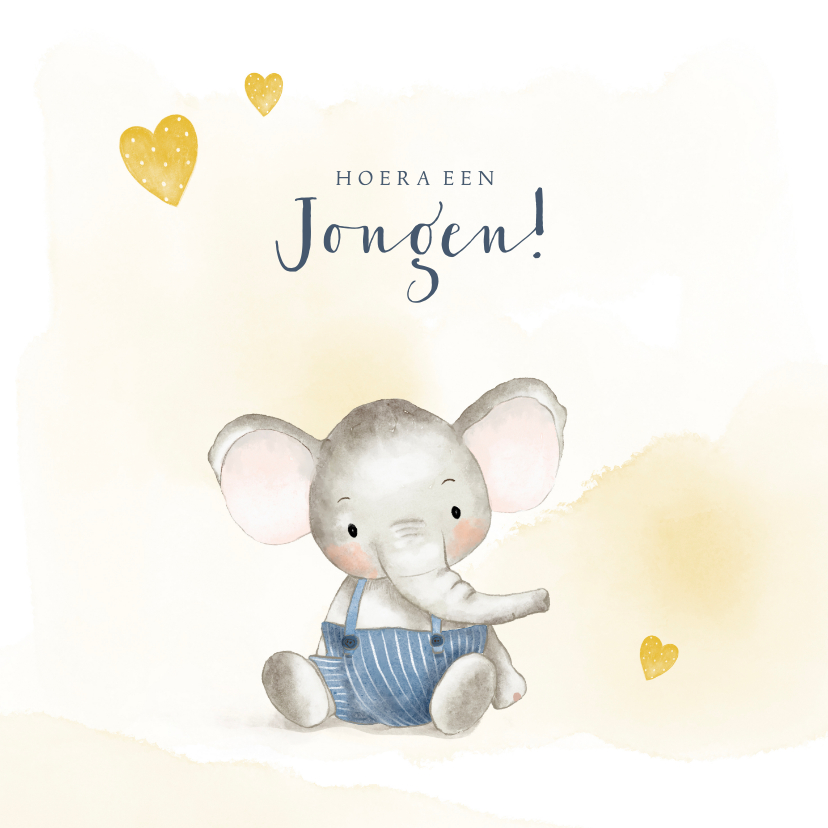 Felicitatiekaart geboorte jongen met olifantje en hartjes - Felicitatiekaarten Felicitatiekaarten - Felicitatiekaart geboorte jongen met olifantje en hartjes