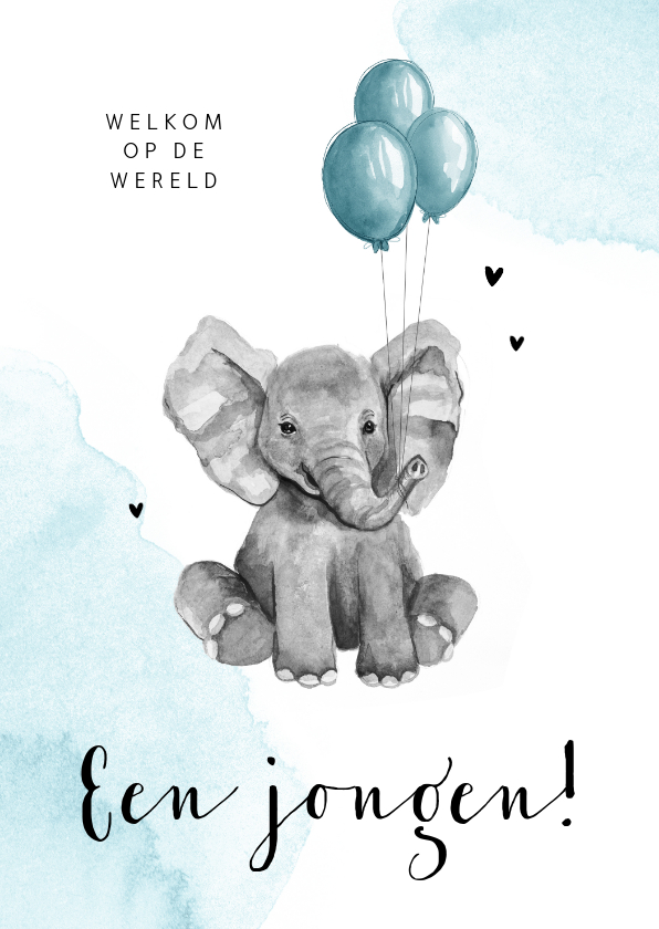Felicitatiekaarten - Felicitatiekaart geboorte jongen olifantje blauw waterverf