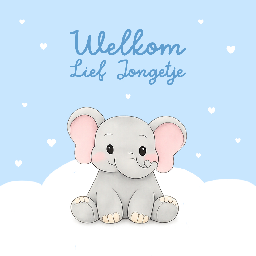Felicitatiekaarten - Felicitatiekaart geboorte jongen olifantje hartjes