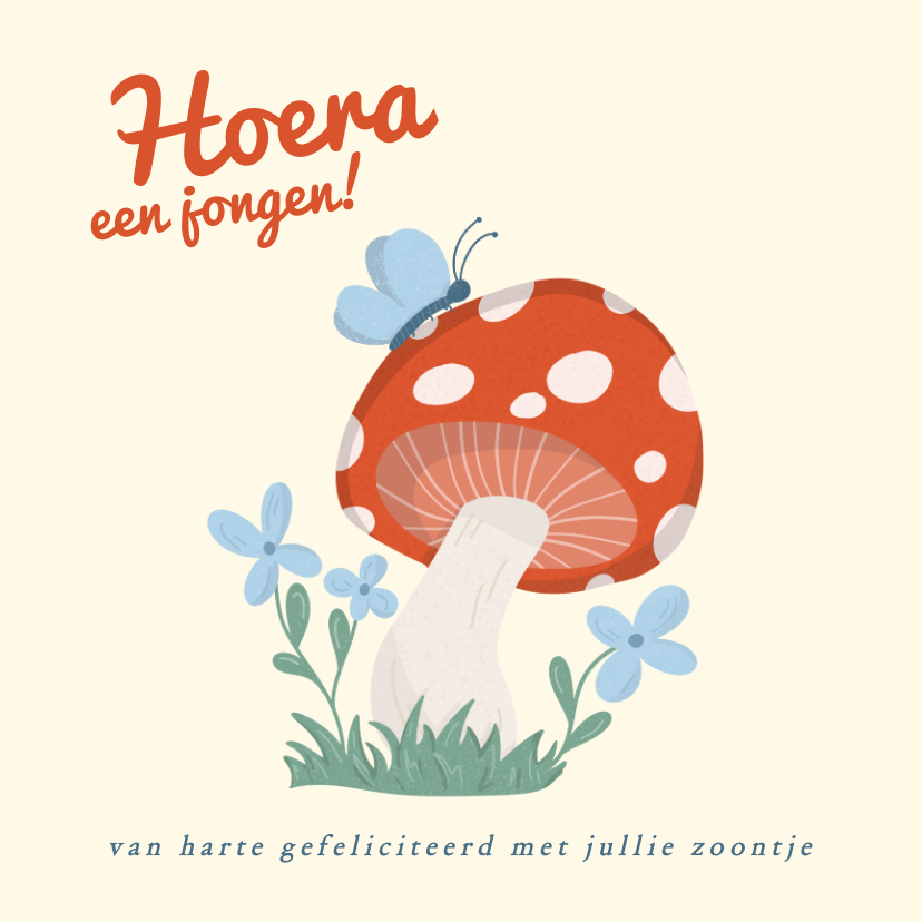 Felicitatiekaart geboorte jongen vlinder en paddenstoel - Felicitatiekaarten Felicitatiekaarten - Felicitatiekaart geboorte jongen vlinder en paddenstoel