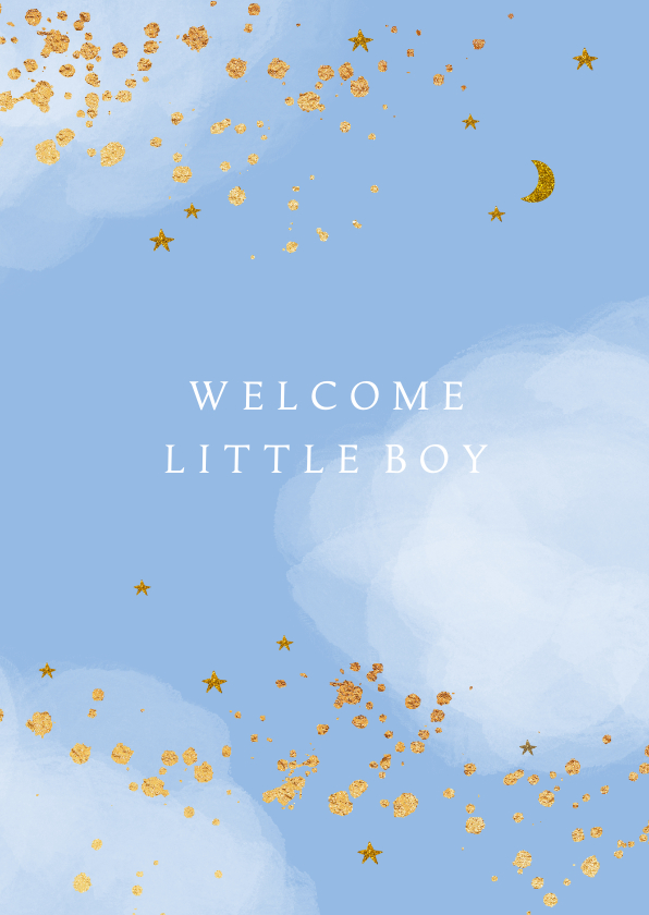 Felicitatiekaarten - Felicitatiekaart geboorte jongen wolken sterretjes goudlook