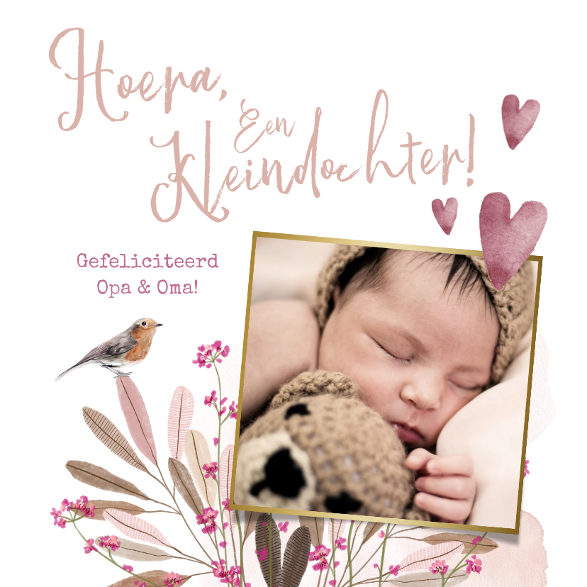 Felicitatiekaarten - Felicitatiekaart geboorte kleindochter bloemen vogel hartjes