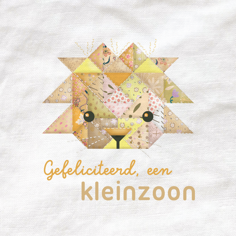 Felicitatiekaart geboorte kleinkind met leeuw quilt - Felicitatiekaarten Felicitatiekaarten - Felicitatiekaart geboorte kleinkind met leeuw quilt