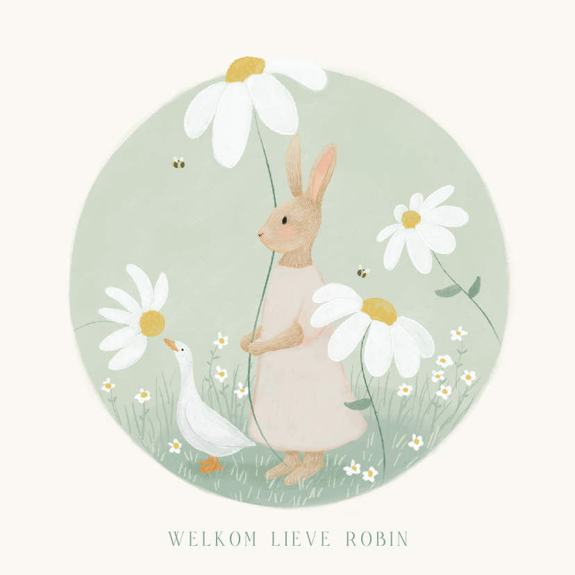 Felicitatiekaarten - Felicitatiekaart geboorte konijn en eend tussen de bloemen