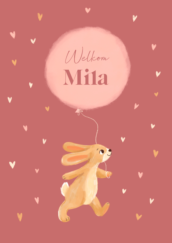 Felicitatiekaart geboorte konijn met ballon en hartjes - Felicitatiekaarten Felicitatiekaarten - Felicitatiekaart geboorte konijn met ballon en hartjes