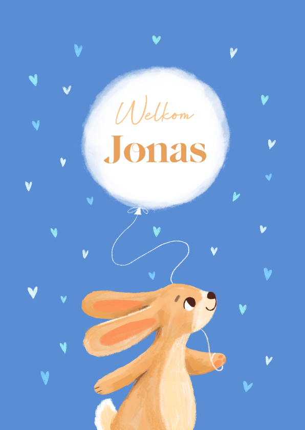 Felicitatiekaarten - Felicitatiekaart geboorte konijn met hartjes en ballon