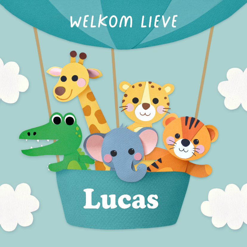Felicitatiekaart geboorte luchtballon en dieren - Felicitatiekaarten Felicitatiekaarten - Felicitatiekaart geboorte luchtballon en dieren