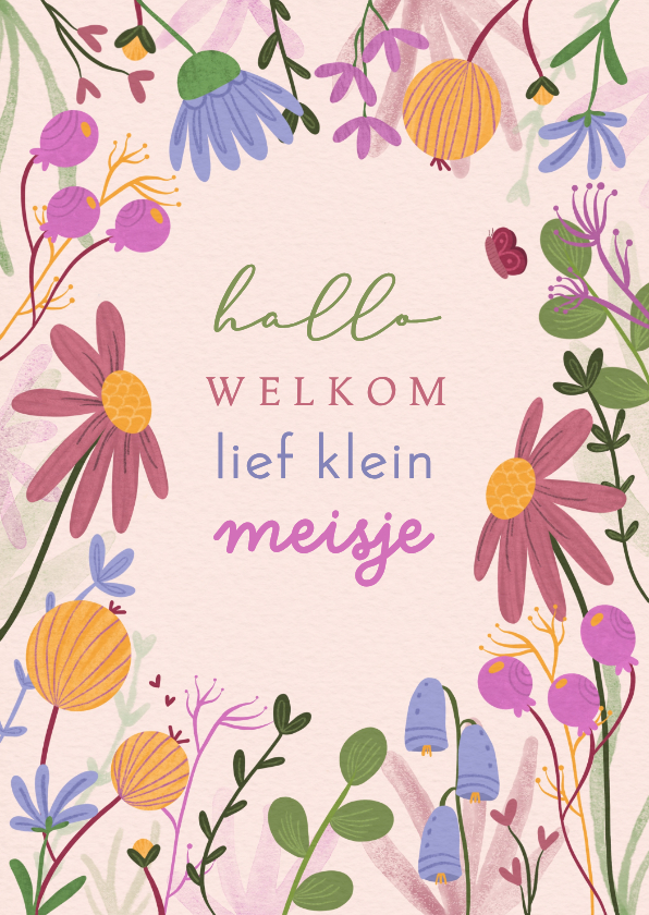 Felicitatiekaarten - Felicitatiekaart geboorte meisje kleurrijke bloemen