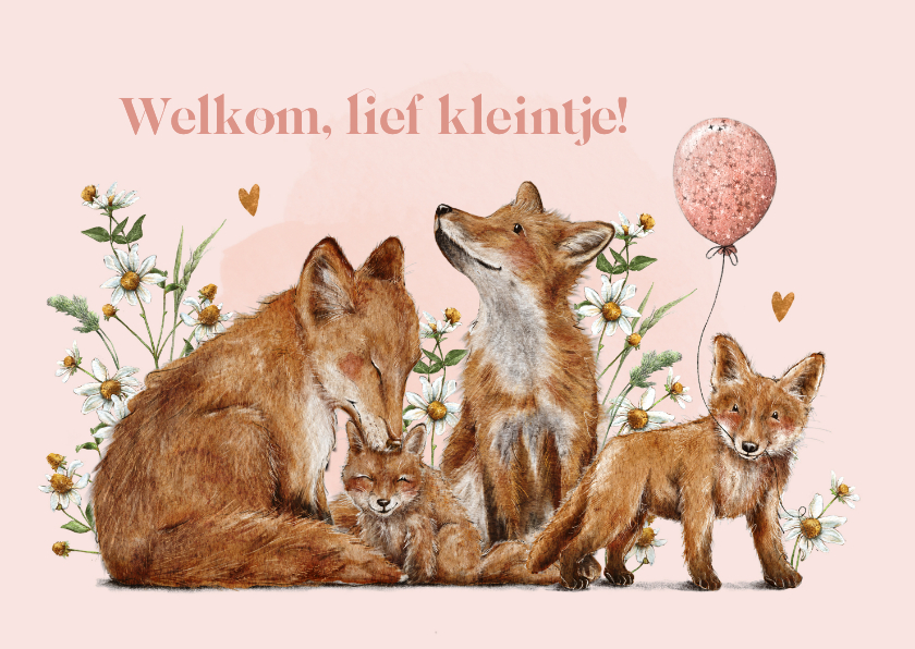 Felicitatiekaart geboorte meisje met vossen in bloemenweide - Felicitatiekaarten Felicitatiekaarten - Felicitatiekaart geboorte meisje met vossen in bloemenweide